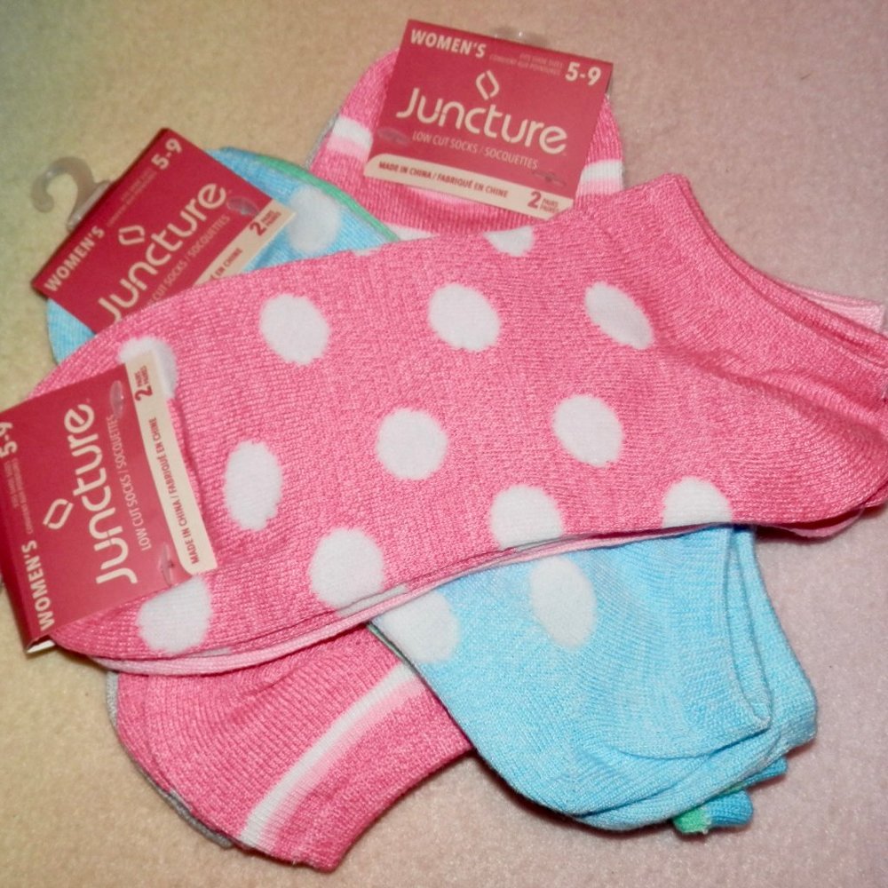 THREE 2 PACK SETS * 6 DIFFERNET COLOR LOW CUT SOCKS * NEW * STRIPE DOT & PLAIN *